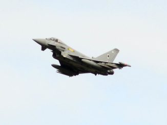 RAF Typhoon overflies the runway after escorting D-BTLT into Cardiff Airport (Credit Ian Grinter)