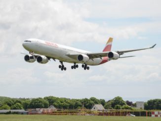 Iberia Airbus A340-600 landing at Cardiff Airport