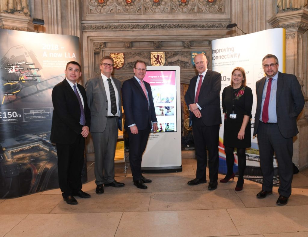 L-R Gavin Shuker MP Labour Luton South. Clive Condie Chairman LLA. Nick Barton CEO LLA. Chris Grayling MP Secretary State for Transport. Baroness Sugg Aviation Minister. Steve Double MP Transport