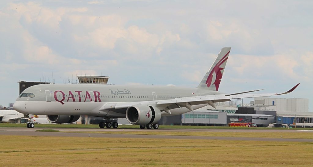 Qatar A350 lands at Cardiff Airport (John Moore)