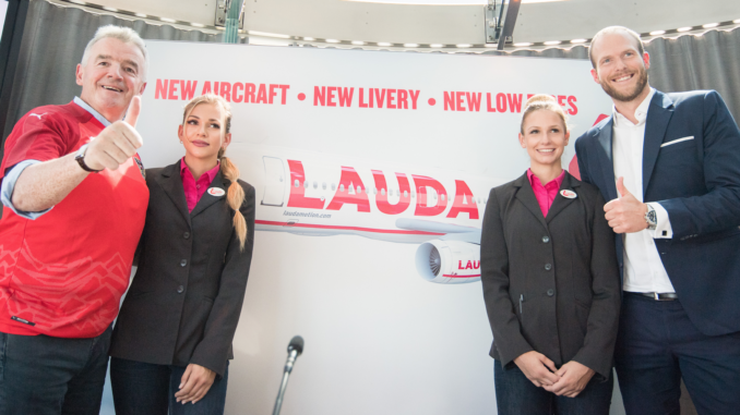 Ryanair CEO, Michael O’Leary with Laudamotion's Michelle Capelli, Melanie Brunner and Andreas Gruber (Laudamotion CEO)