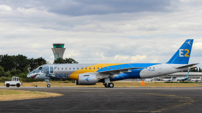 The E190-E2 Profit Hunter being shown off at Farnborough International Air Show 2018 (Image: N Harding / The Aviation Media Co.)