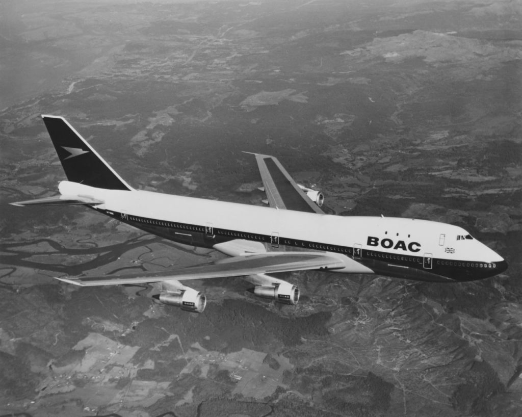 A Boeing 747 long-range wide-body four engined commercial jet airliner for the BOAC - British Overseas Airways Corporation flying above the United Kingdom on 7 April 1971. (Photo by Fox Photos/Hulton Archive/Getty Images).