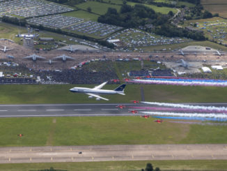 The Royal Air Force Aerobatic team, the Red Arrows, and a British Airways Boeing 747 delighted the crowds with a flypast at this year’s Royal International Air Tattoo at RAF Fairford. The Boeing 747 has been painted in the airline’s predecessor British Overseas Airways Corporation (BOAC) livery to mark British Airways’ centenary this year. This weekend, the Red Arrows are performing in the UK for the final time this season – before embarking on their biggest-ever tour of North America. Imagery taken from Red 10’s aircraft piloted by Red 10, Sqn Ldr Adam Collins with Circus 10, Cpl Ashley Keates, Photographer in the rear seat.