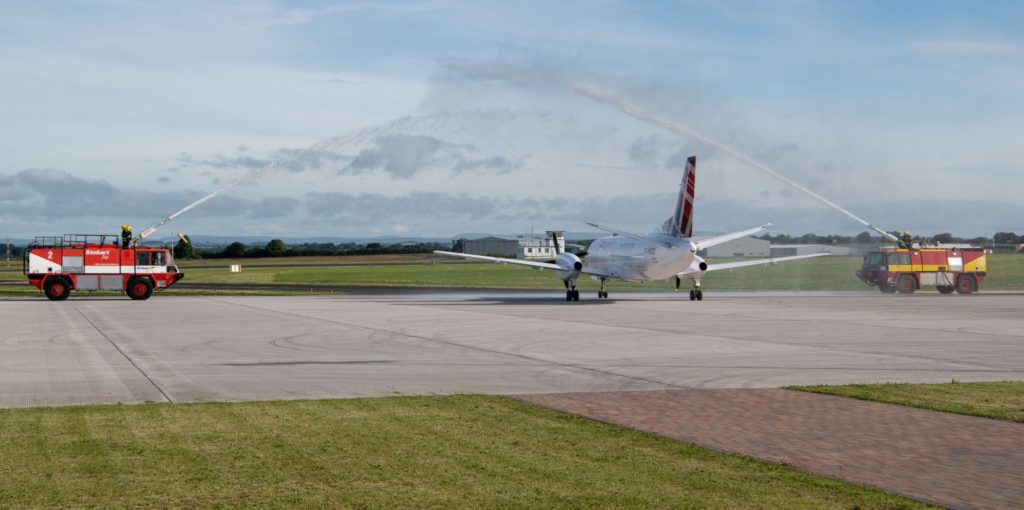 Loganair Saab 340 gets water cannon salute at Carlisle Airport launch