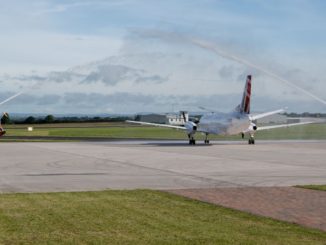 Loganair Saab 340 gets water cannon salute at Carlisle Airport launch