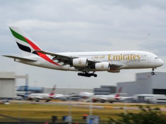 Emirates A380 landing at London's Heathrow Airport