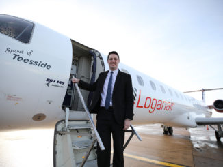 Teesside mayor Ben Houchen with Embraer 145 Spirit of Teesside