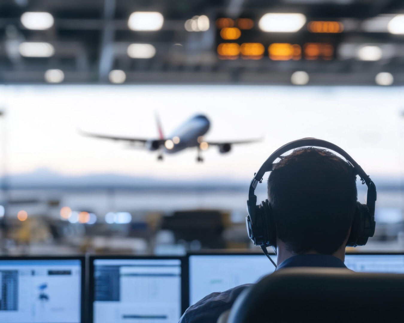 An Air traffic controller monitoring flight operations at airport. scene captures focus and responsibility of ensuring safe takeoffs and landings