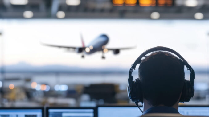 An Air traffic controller monitoring flight operations at airport. scene captures focus and responsibility of ensuring safe takeoffs and landings