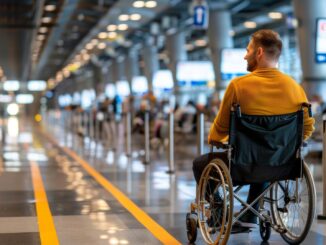 Man in wheelchair waiting at a busy airport terminal,