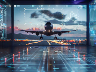 Virtual reality flight simulator hologram displays realistic graphics and controls in a futuristic environment.