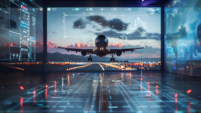 Virtual reality flight simulator hologram displays realistic graphics and controls in a futuristic environment.