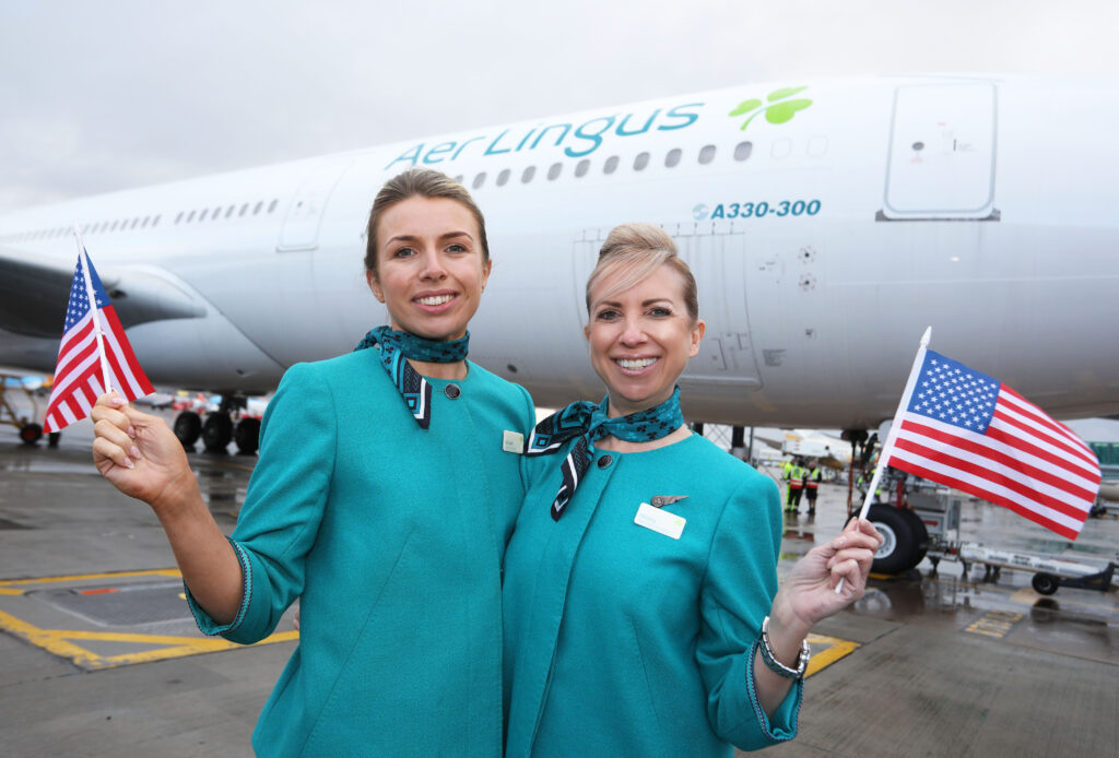 Pictured are Cabin Crew Niamh Keegan and Nicola Carooza Aer Lingus’ inaugural flight from Manchester Airport direct to New York, JFK.
