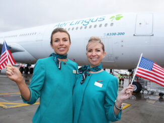 Pictured are Cabin Crew Niamh Keegan and Nicola Carooza Aer Lingus’ inaugural flight from Manchester Airport direct to New York, JFK.