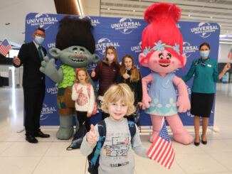 Pictured are Rachel Charlesworth, Annie Charlesworth (10), Flecity Charlesworth (6) and Elliott Charlesworth (4) from Stoke, with Universal Studios Shrek and Trolls characters at check-in for the Aer Lingus UK inaugural flight from Manchester Airport direct to Orlando.