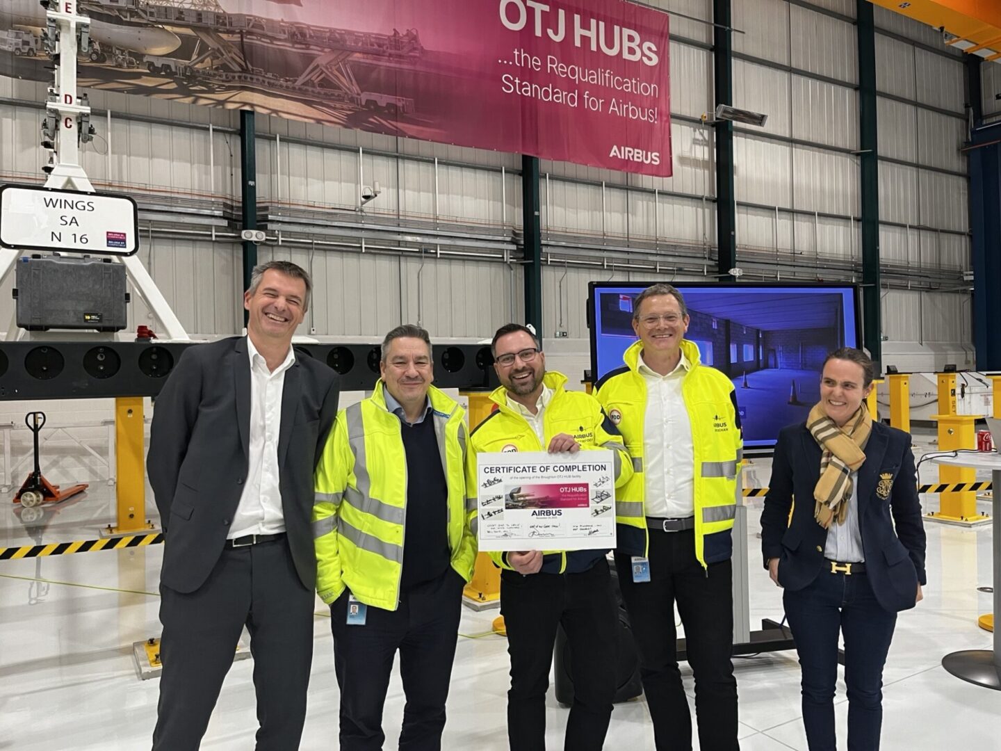 André Bourdais, Airbus Senior Vice President and Head of Manufacturing Engineering, Gareth Davies, Airbus Head of Broughton Site, Lars Broehan, Airbus Head of Oversized Transport Jig Hubs, and; Alice Benet, Airbus Head of Transport Programme.