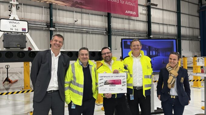 André Bourdais, Airbus Senior Vice President and Head of Manufacturing Engineering, Gareth Davies, Airbus Head of Broughton Site, Lars Broehan, Airbus Head of Oversized Transport Jig Hubs, and; Alice Benet, Airbus Head of Transport Programme.