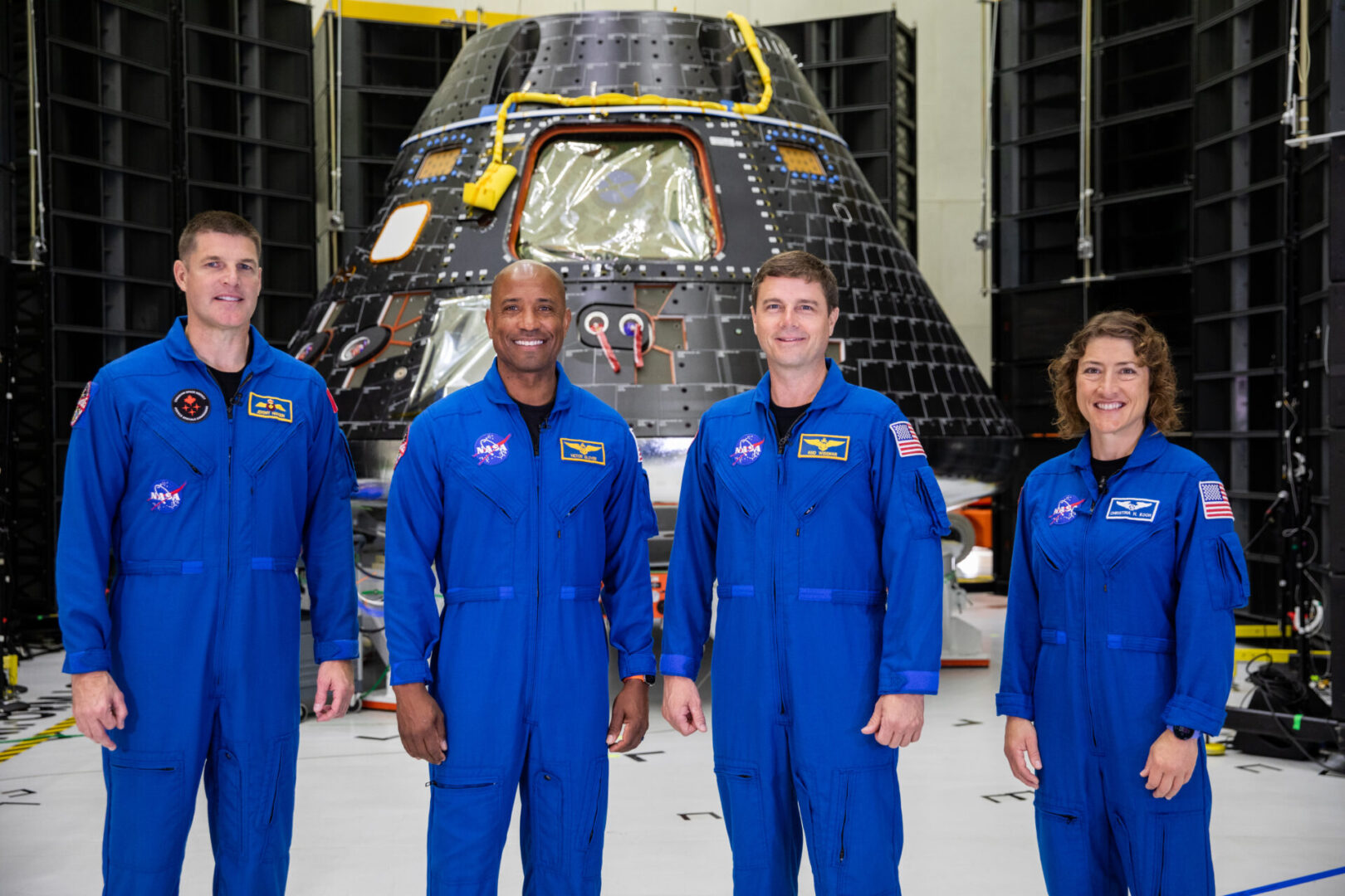 From left are: Jeremy Hansen, mission specialist; Victor Glover, pilot; Reid Wiseman, commander; and Christina Hammock Koch, mission specialist.