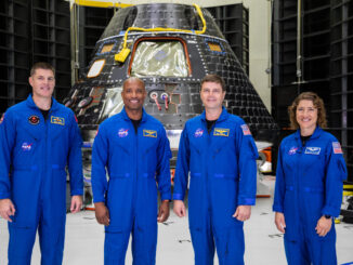From left are: Jeremy Hansen, mission specialist; Victor Glover, pilot; Reid Wiseman, commander; and Christina Hammock Koch, mission specialist.