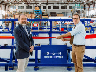 William Hynett CEO of Britten-Norman (L) and Bob Seely MP for Isle of Wight (R) open new production line.