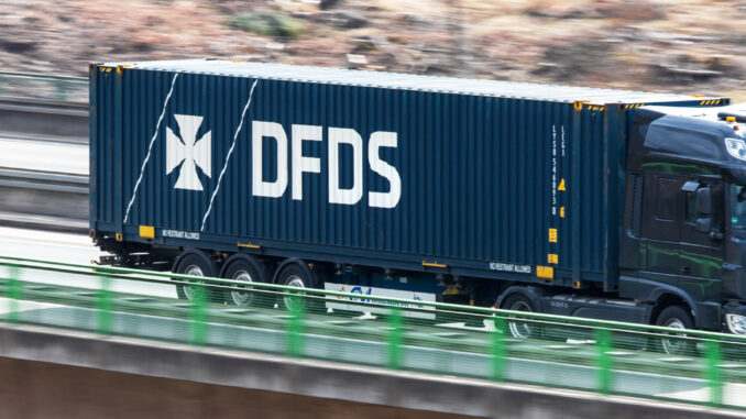 wilnsdorf, north rhine westphalia/germany - 17 03 2021: a dfds transport speeding on a german highway