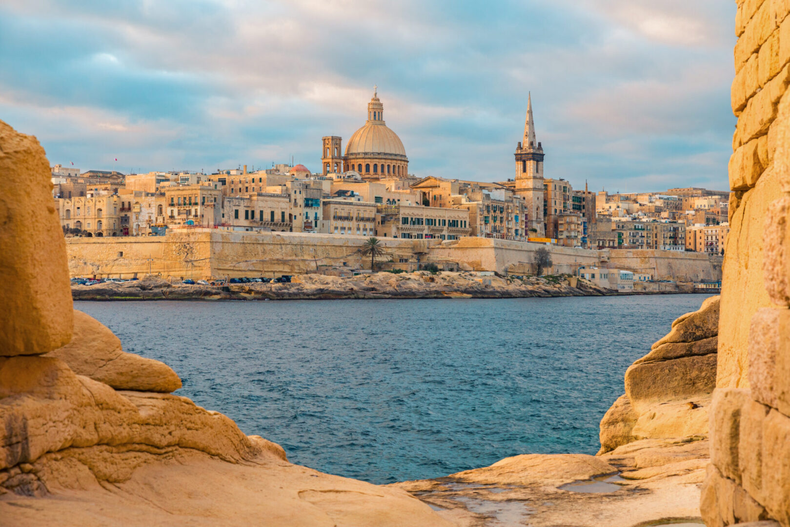View of Valletta, Malta old town skyline from Sliema city on the other side of Marsans harbour