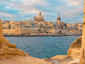 View of Valletta, Malta old town skyline from Sliema city on the other side of Marsans harbour