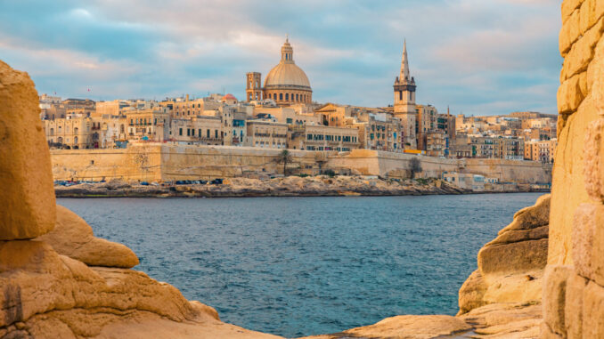 View of Valletta, Malta old town skyline from Sliema city on the other side of Marsans harbour