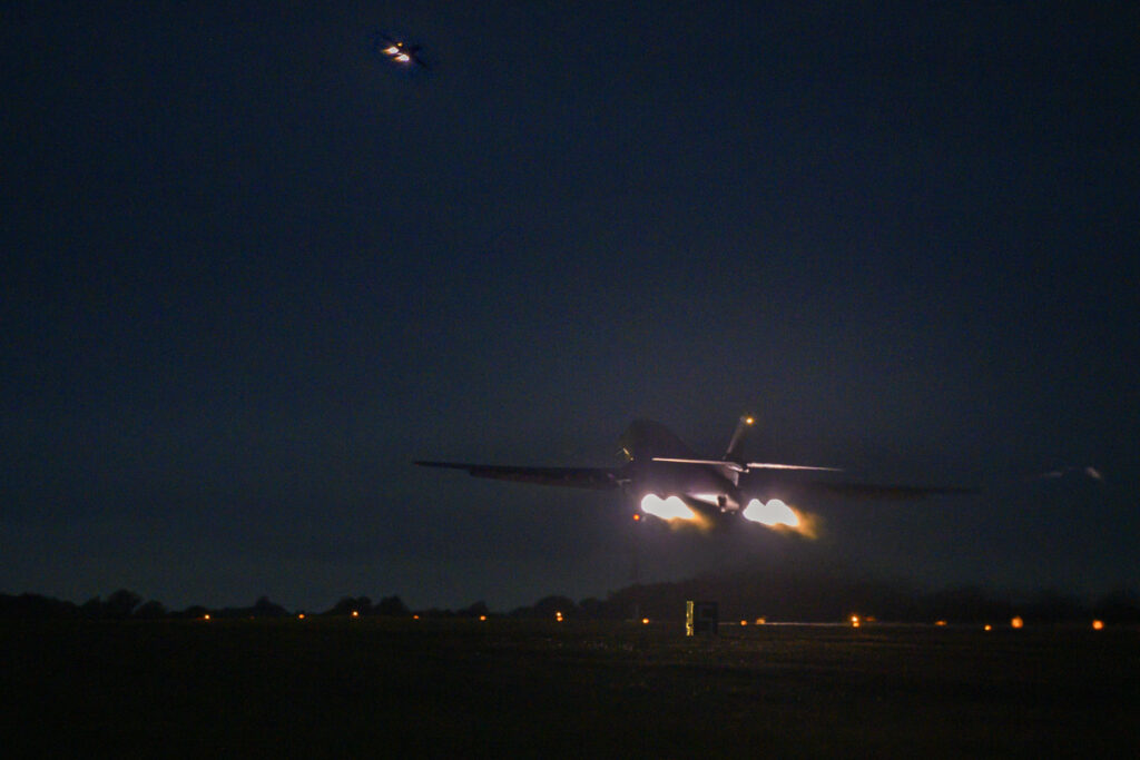 A B-1B Lancer assigned to the 9th Expeditionary Bomb Squadron, takes off from RAF Fairford, United Kingdom. (U.S. Air Force photo by Airman 1st Class Josiah Brown)