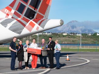 Launching the new Loganair Flight from Glasgow into Donegal Airport, Carrickfinn on Sunday evening. are from left Padraig Carroll, Ground Staff, Rosealeen Leitch, Flight Attendant, Pauline Sweeney, Communications Dojnegal Airport, Amy McClean, Communications Loganair, Gary Martin, Acting Chairman Donegal Airport, Ben McFarland, Pilot and Donna Mulholland, Ground Staff. Photo Clive Wasson