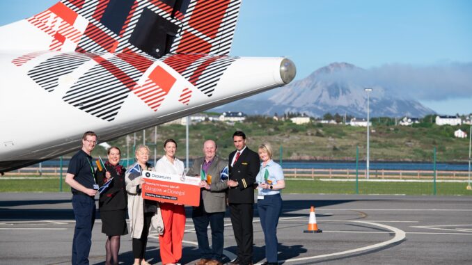 Launching the new Loganair Flight from Glasgow into Donegal Airport, Carrickfinn on Sunday evening. are from left Padraig Carroll, Ground Staff, Rosealeen Leitch, Flight Attendant, Pauline Sweeney, Communications Dojnegal Airport, Amy McClean, Communications Loganair, Gary Martin, Acting Chairman Donegal Airport, Ben McFarland, Pilot and Donna Mulholland, Ground Staff. Photo Clive Wasson